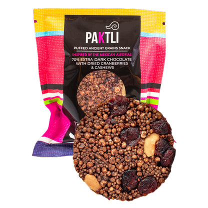 PAKTLI Extra Dark Chocolate Ancient Grain Snack with Dried Cranberries and Cashews