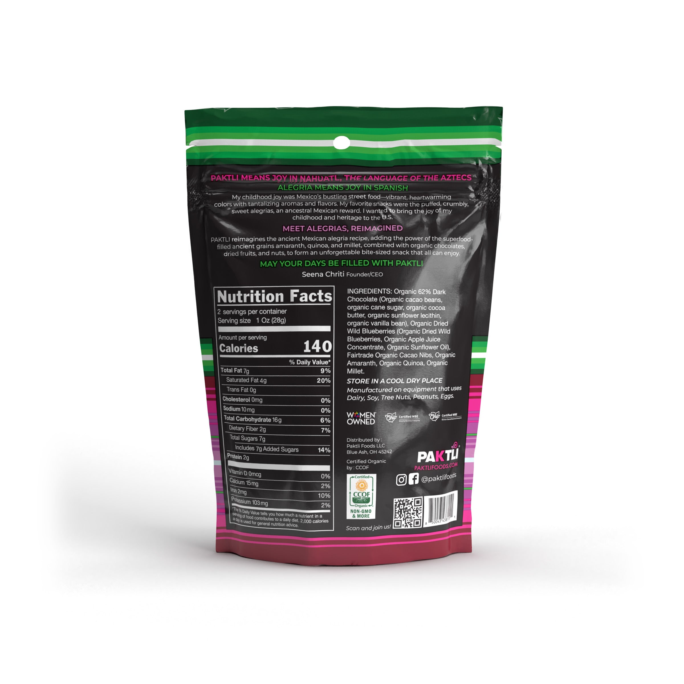 Nutrition facts for NEW Dark Chocolate Alegria Bites w/ Blueberries + Cacao Nibs